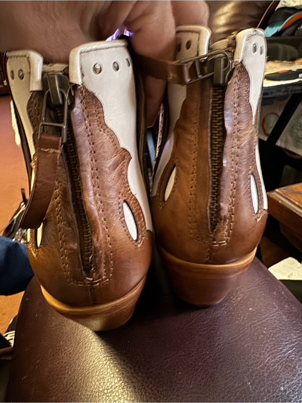 Cream Ariat Leather Western Ankle Booties with Stud Trim - Picture 3 of 5